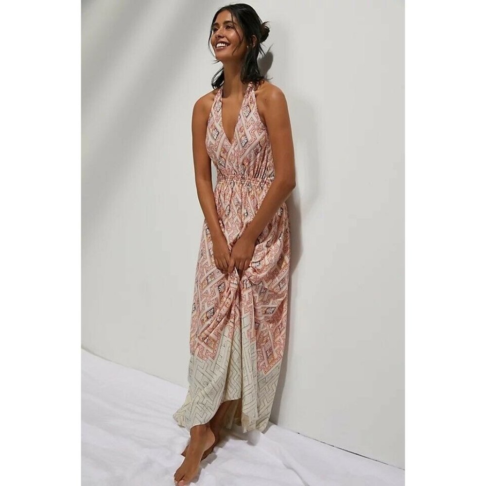 Anthropologie Pink and Cream Maxi Dress